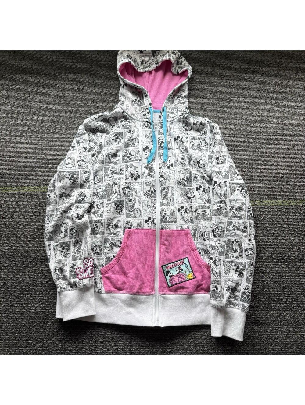 Disney Paris Hoodie Sweatshirt Womens Small Black White Comic Strip Zip Up Mouse
